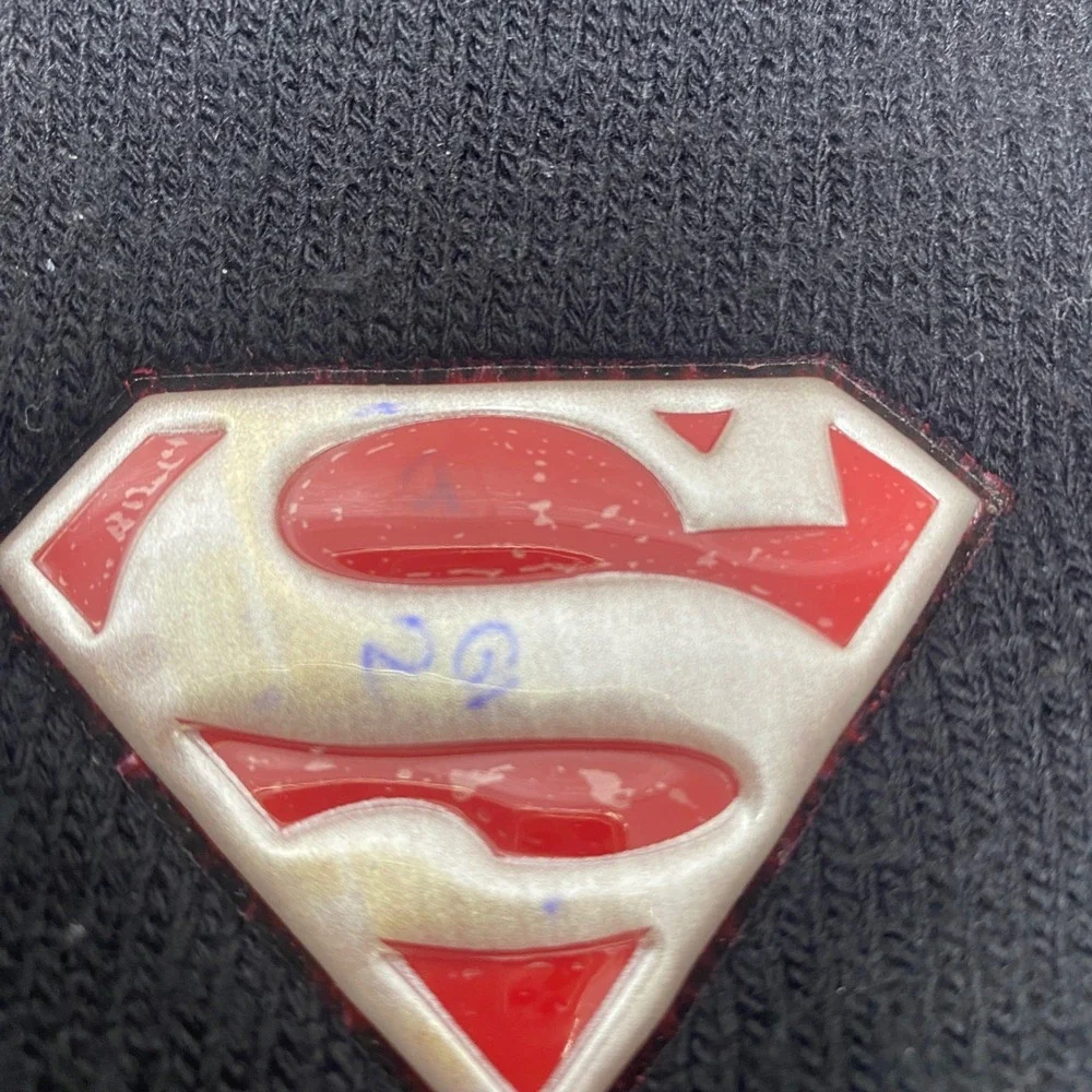 VTG Childs Superman Knit Beanie Hat Gloves‎ Set Black Red S Shield Logo Winter